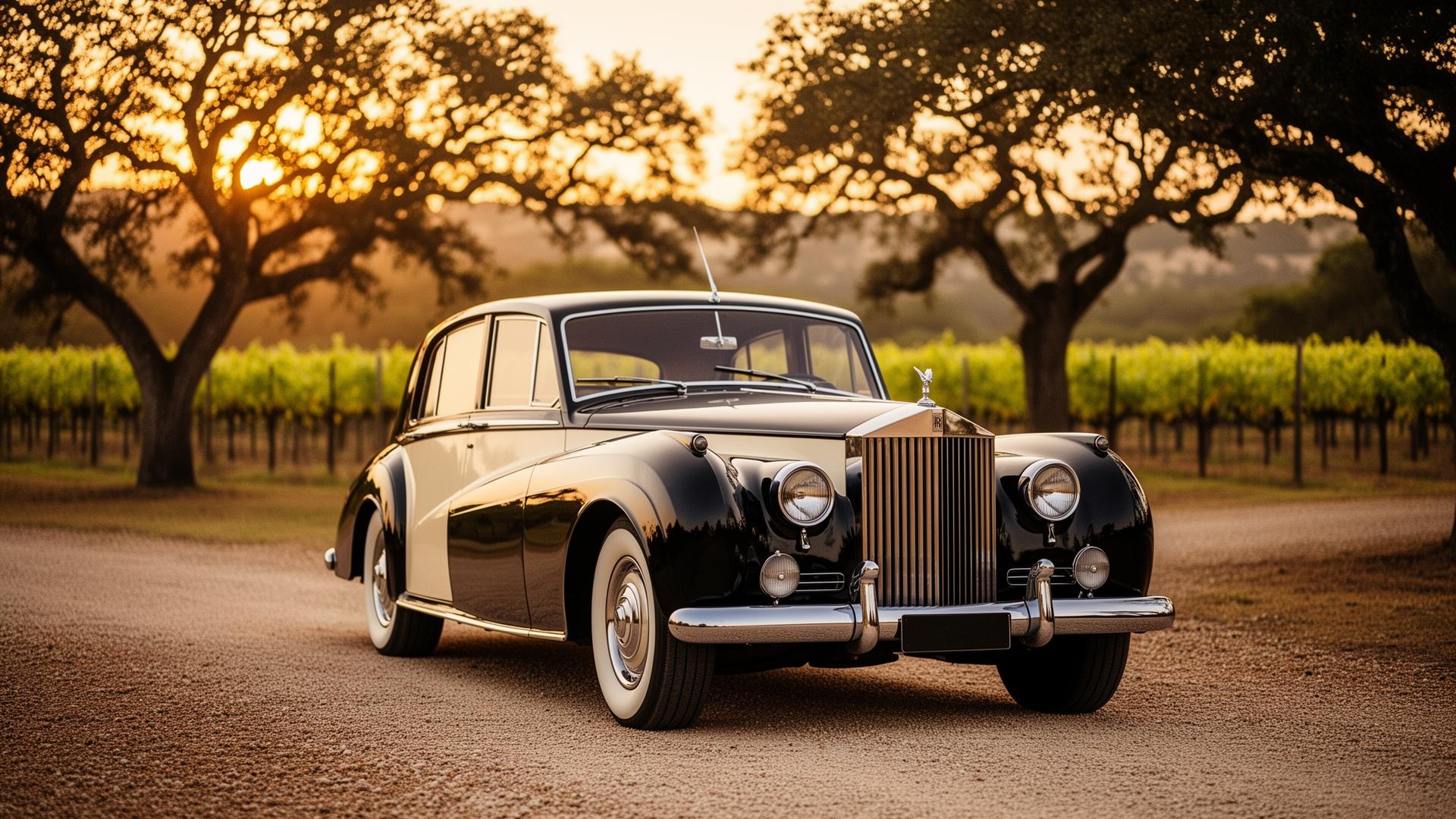 1955 Rolls-Royce Silver Wraith at golden hour in Texas Hill Country